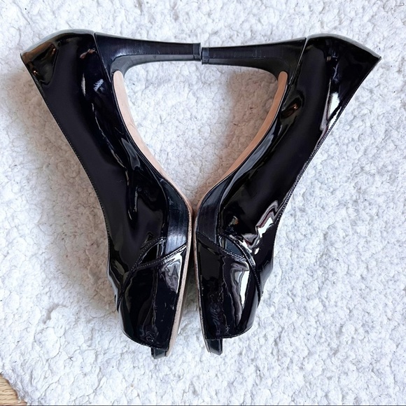 STUART WEITZMAN: Classic Patent Leather Black Platform Peep Toe 3.5 inch Heels - Picture 4 of 10